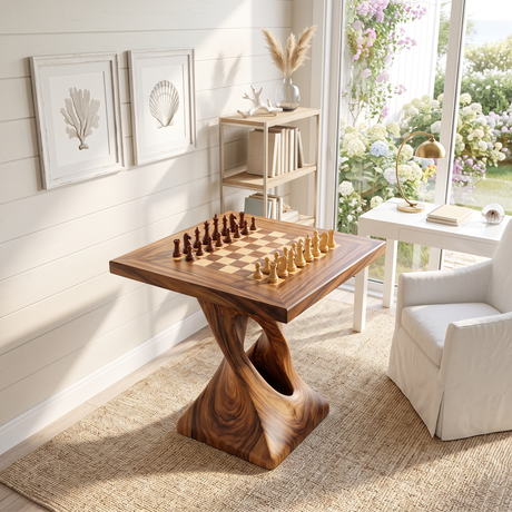 Handcrafted Solid Wood Chess Table with Sculptural Twisted Pedestal Base