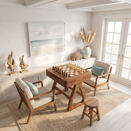 Handcrafted Solid Wood Chess Table with Storage Drawer and Sculptural Base