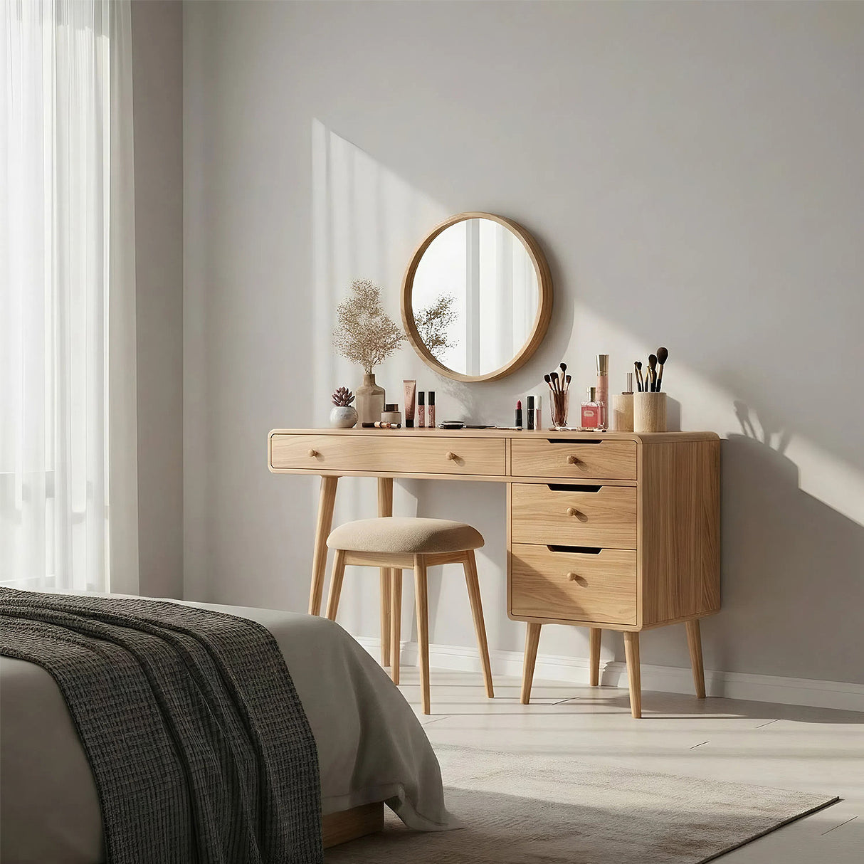 Solid Wood Vanity Table with Storage Cabinet