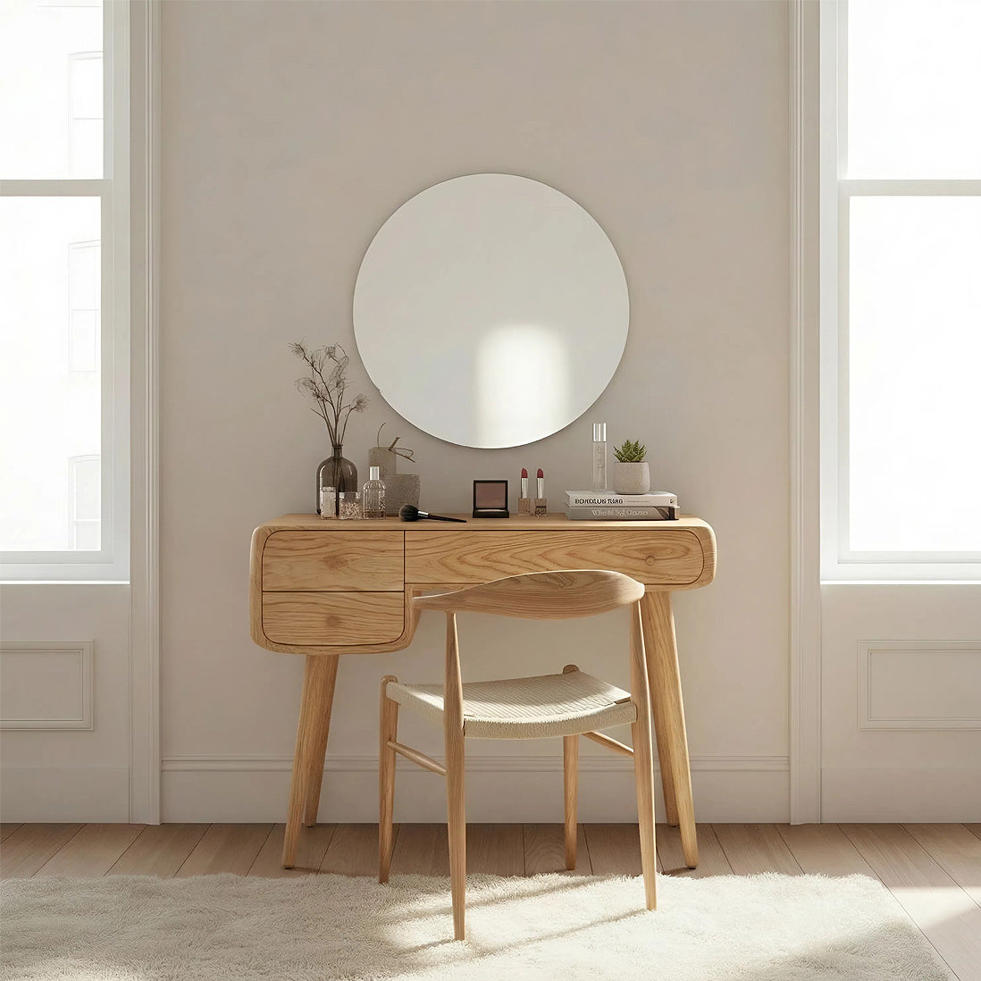 Mid-Century Solid Wood Vanity Table with Rounded Edges and Drawers