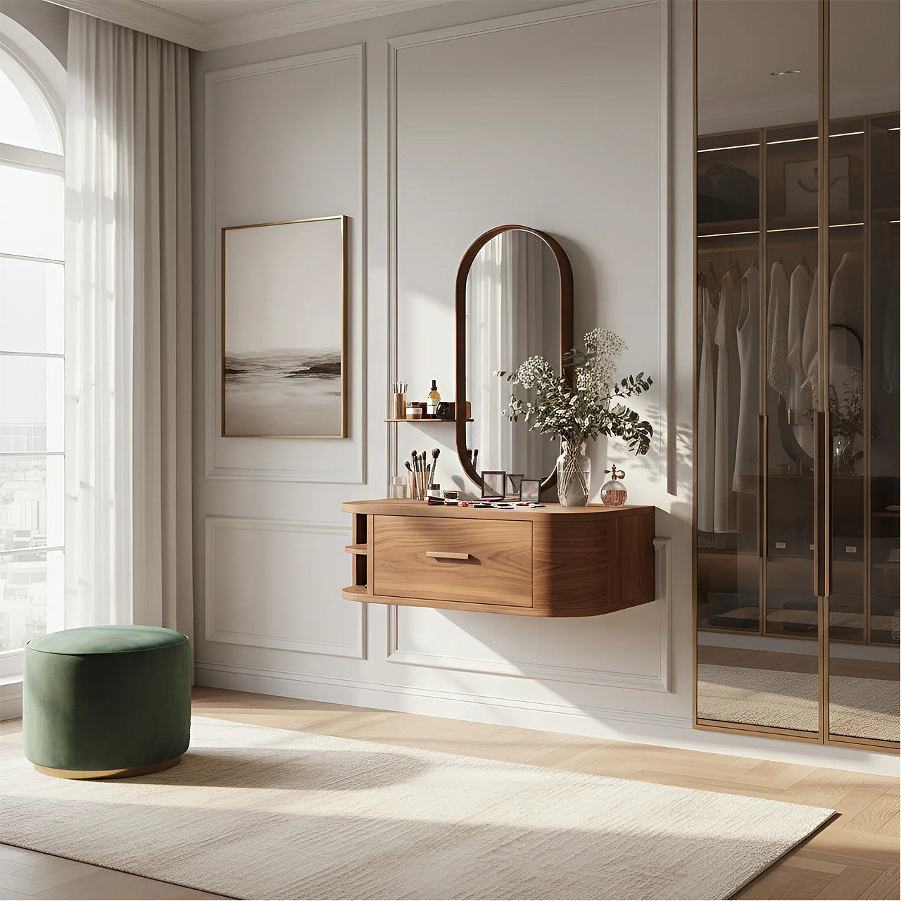 Wall-Mounted Solid Wood Vanity Table for Modern Bedrooms