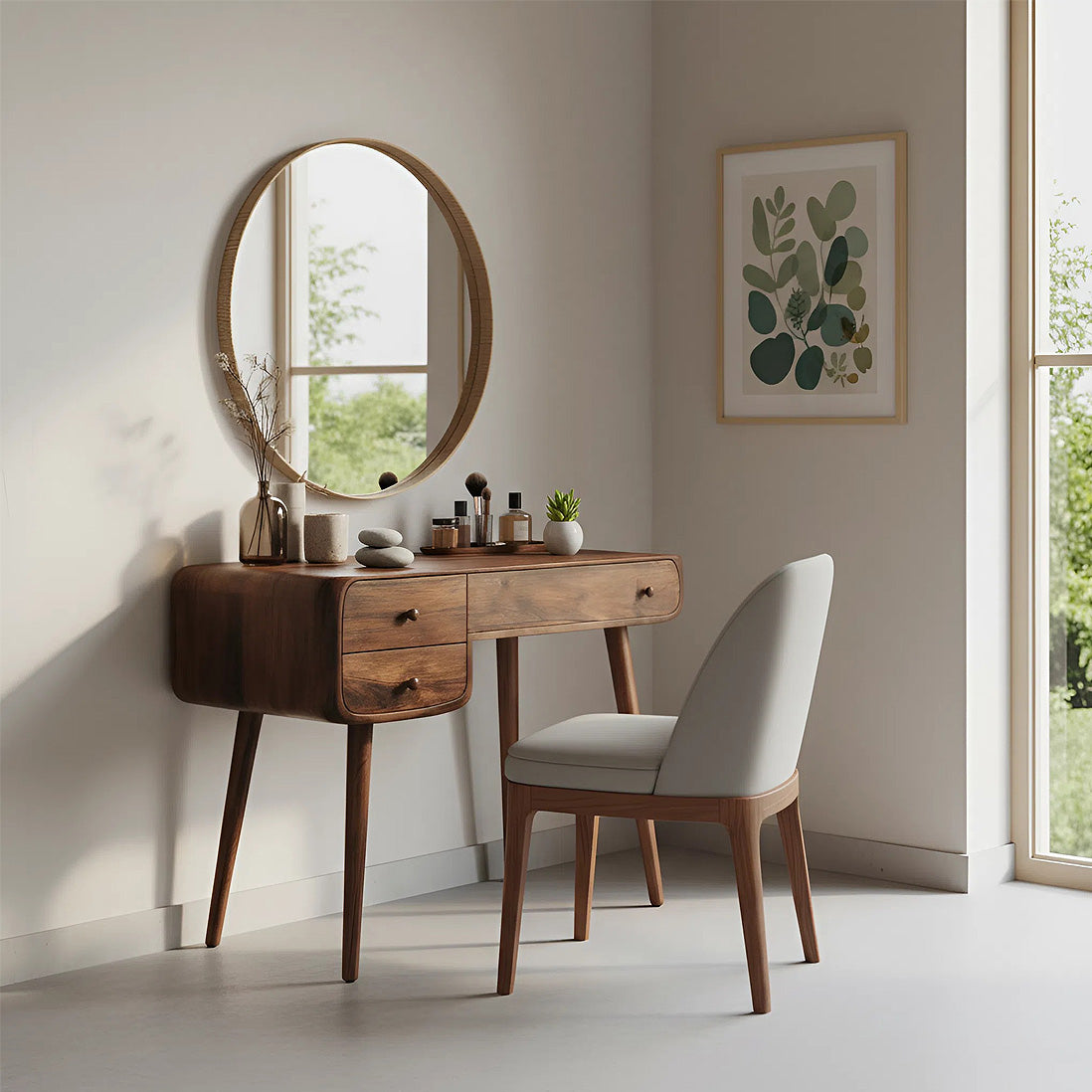 Mid-Century Solid Wood Vanity Table with Rounded Edges and Drawers