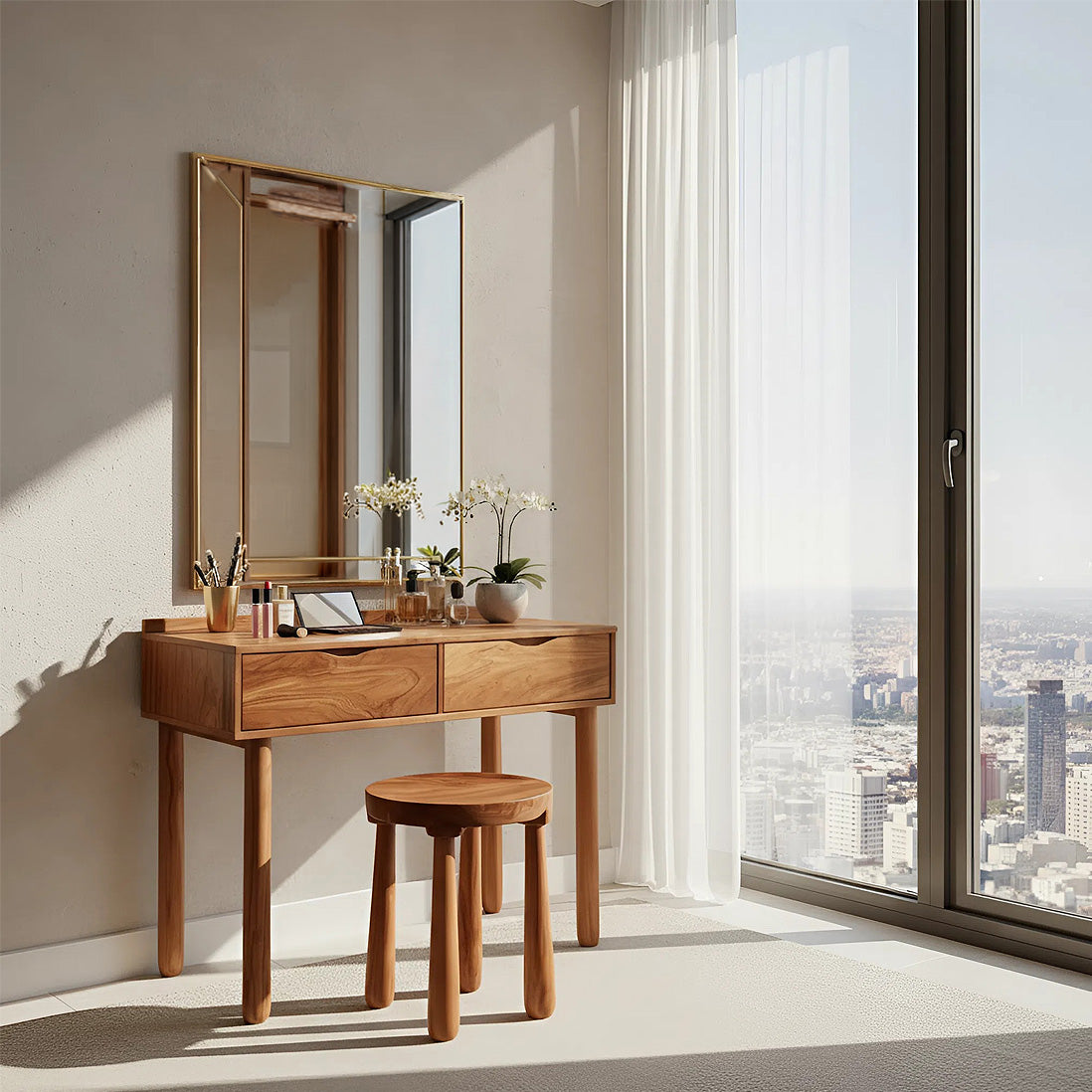Handcrafted Solid Wood Vanity Table with Drawers for Cozy Modern Rooms