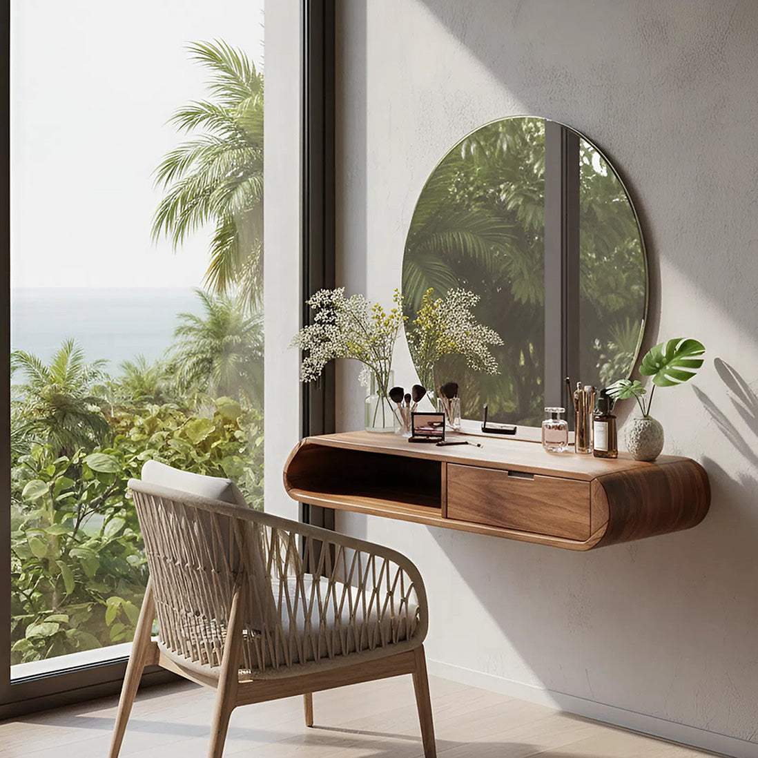 Floating Solid Wood Vanity with Rounded Drawer