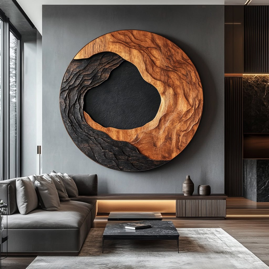 Large Round Solid Wood Wall Art Sculpture for Living Room