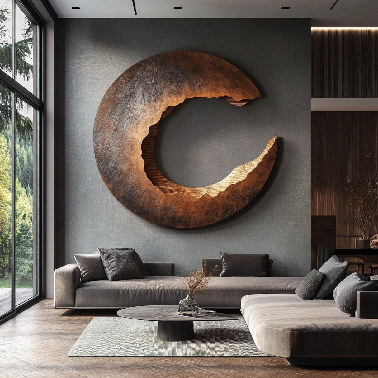 Large Solid Wood Crescent Wall Sculpture for Contemporary Feature Walls