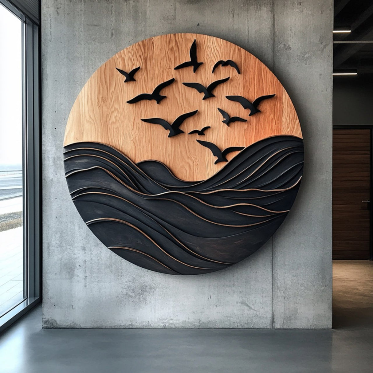 Seascape Solid Wood Wall Sculpture with Birds for Living Room