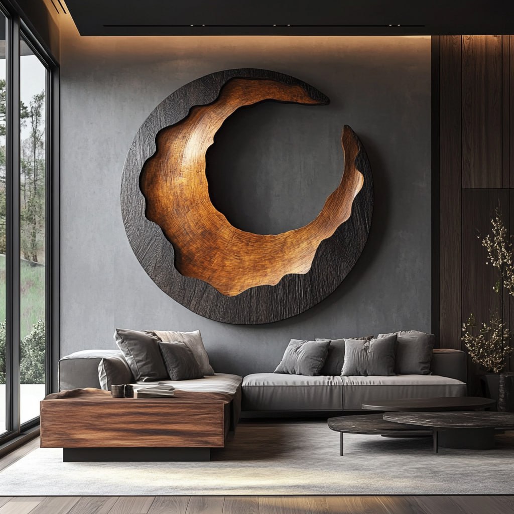 Modern Crescent Solid Wood Wall Art Sculpture for Living Room