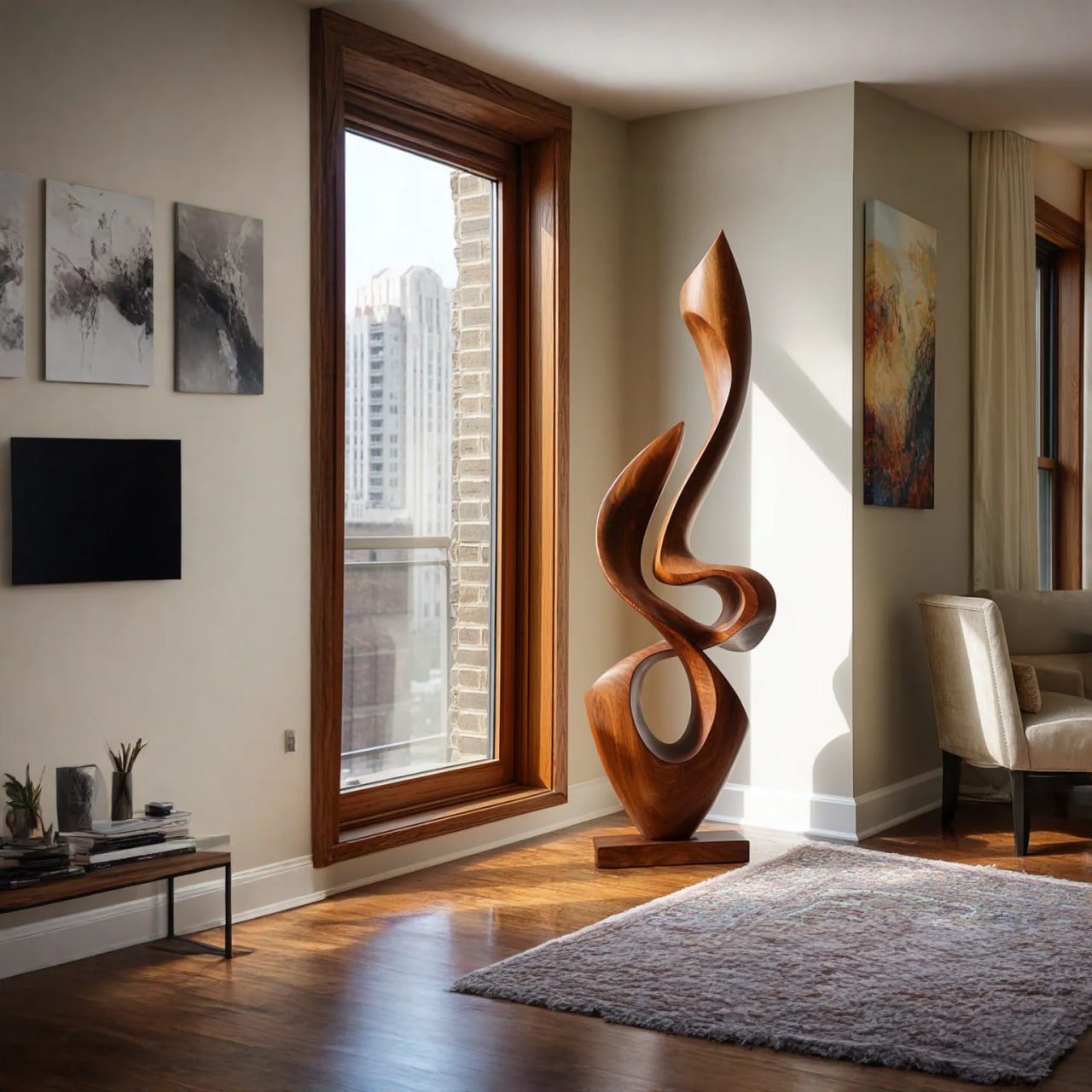 Contemporary Flowing Solid Wood Sculpture for Living Room Interior Display