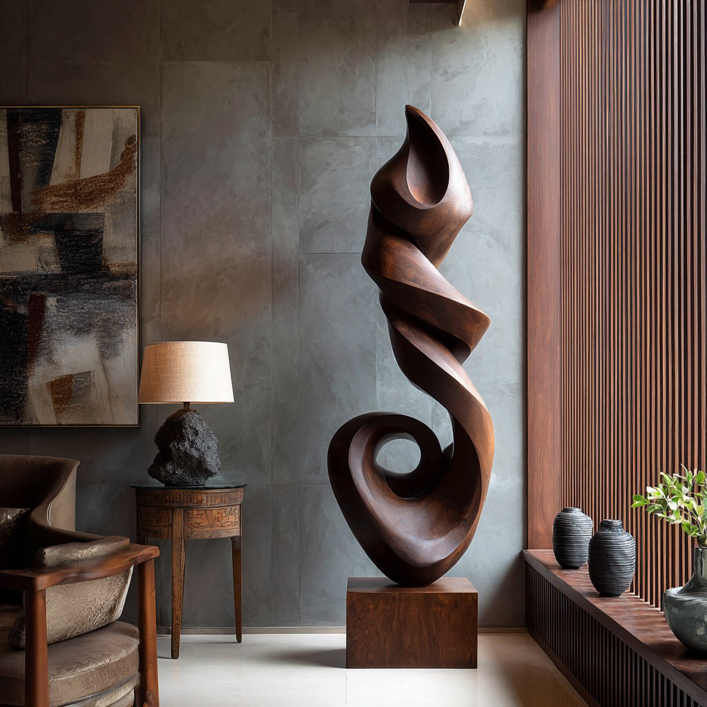 Contemporary Flowing Solid Wood Sculpture for Living Room Accent Display