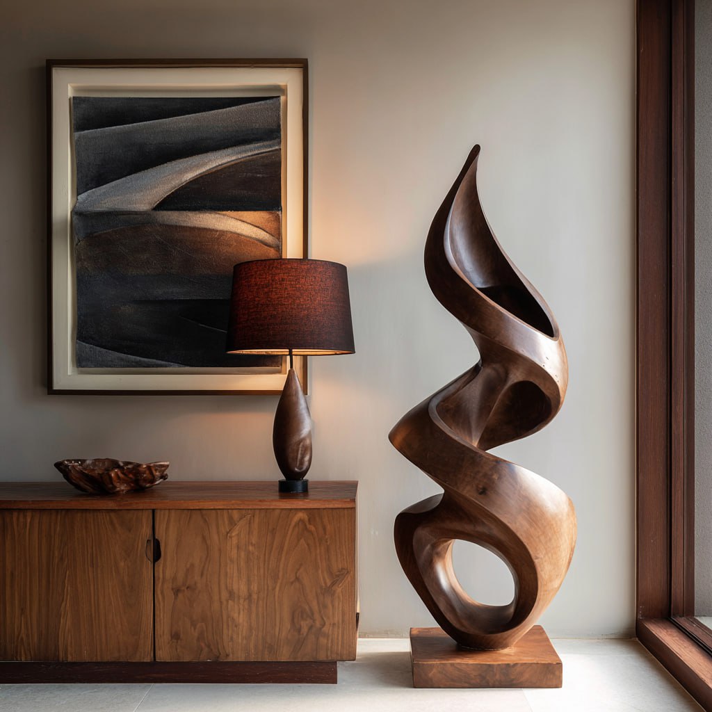 Contemporary Hand-Carved Solid Wood Flow Sculpture for Interior Art Spaces