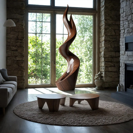 Modern Flame Solid Wood Sculpture for Living Room Contemporary Abstract Art Piece