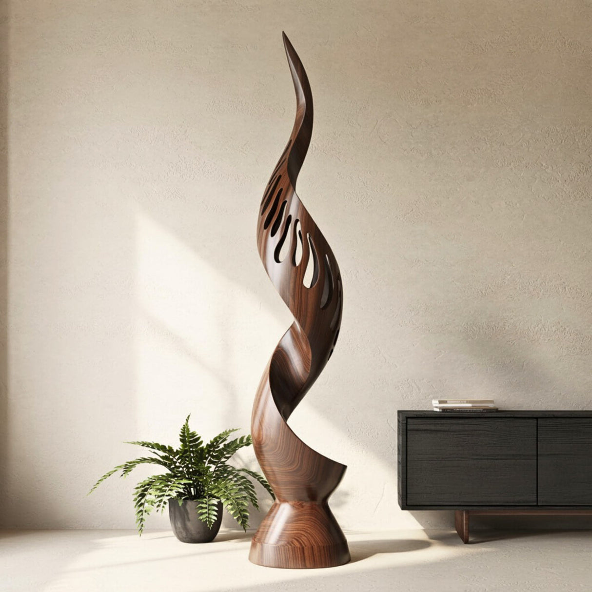 Modern Flame-Inspired Solid Wood Sculpture for Living Room Display