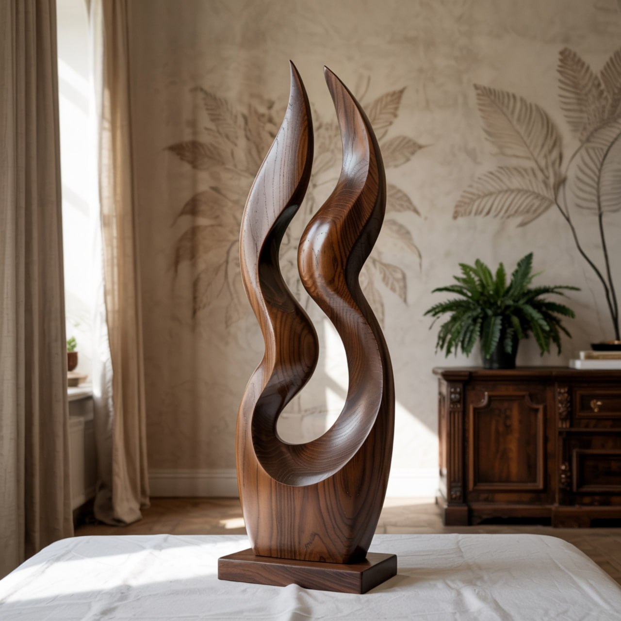Modern Dual Flame Solid Wood Sculpture for Living Room Contemporary Organic Art