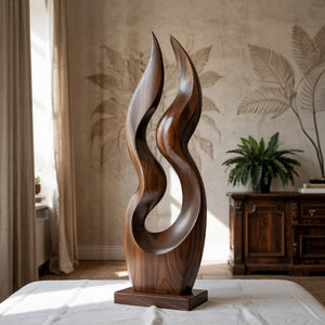 Modern Dual Flame Solid Wood Sculpture for Living Room Contemporary Organic Art