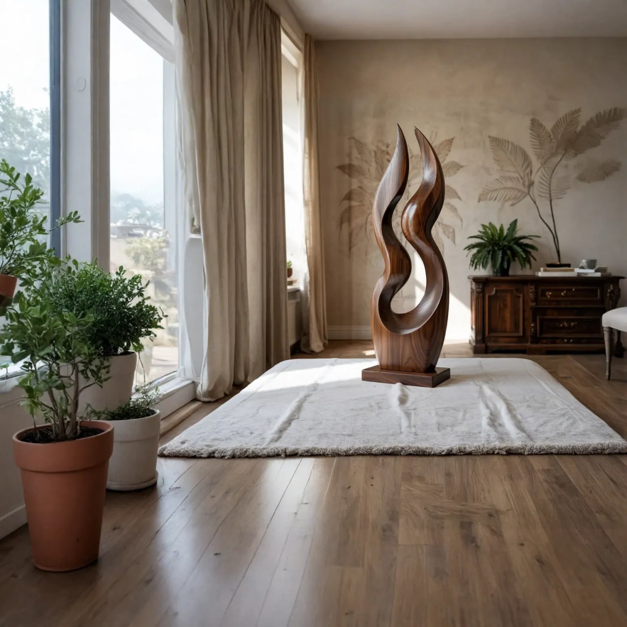 Modern Dual Flame Solid Wood Sculpture for Living Room Contemporary Organic Art