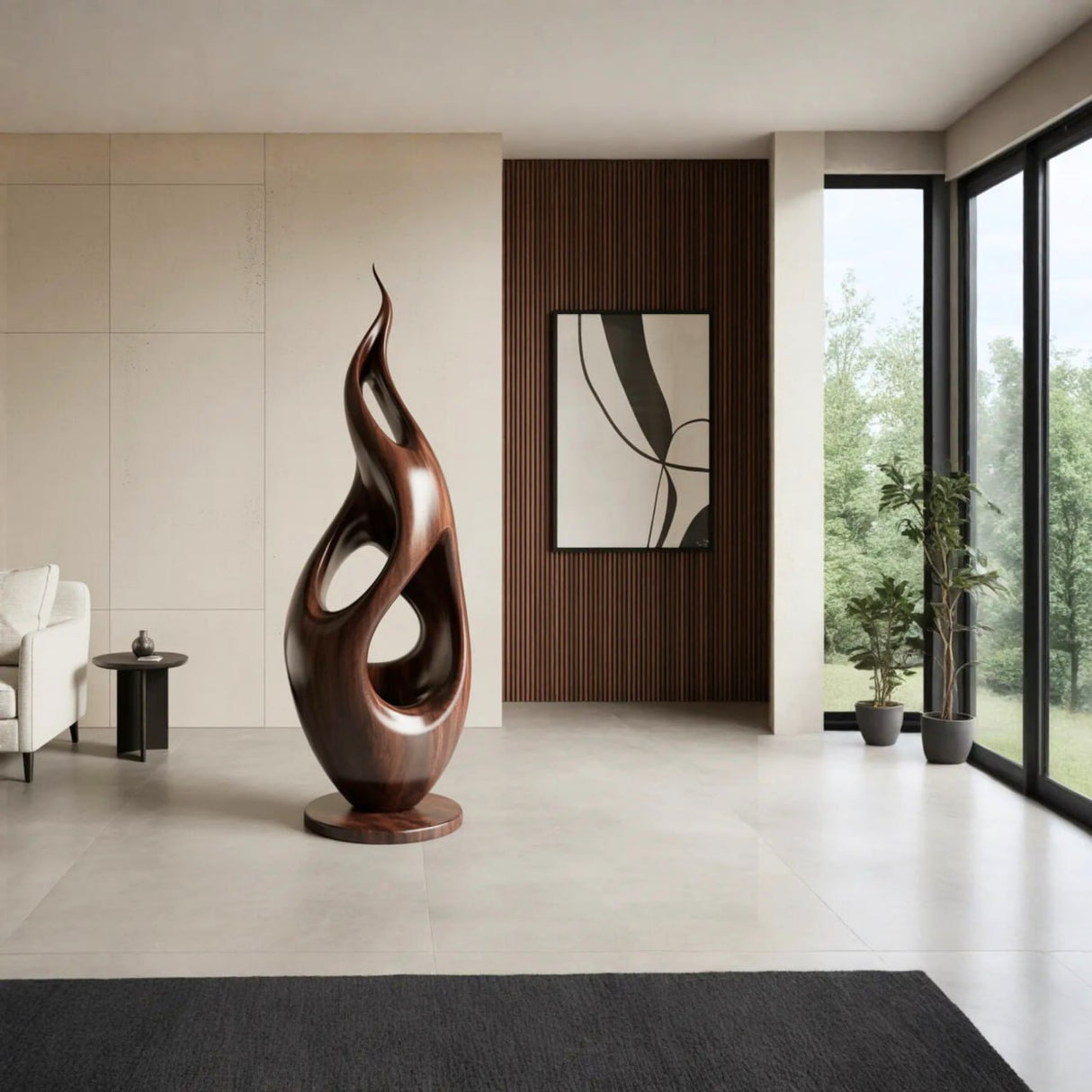 Modern Solid Wood Sculpture with Carved Openings for Interior Display