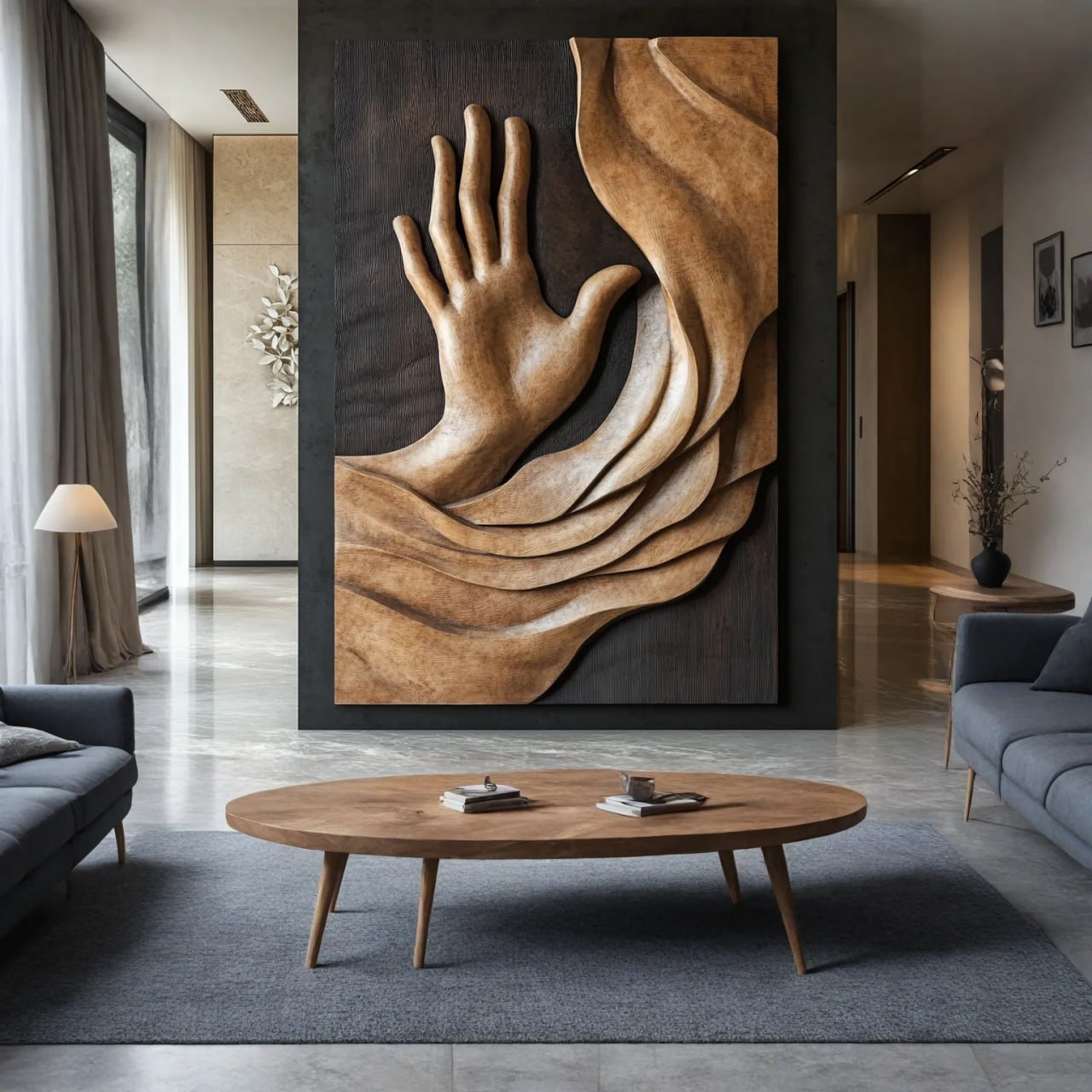 Large Solid Wood Hand Relief Wall Art Panel for Interior Decor