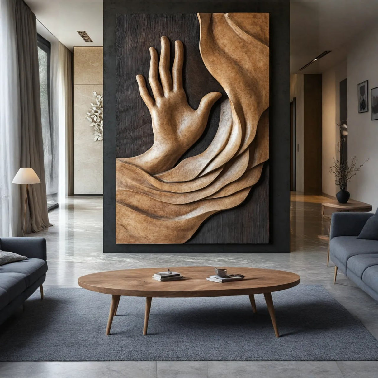 Large Solid Wood Hand Relief Wall Art Panel for Interior Decor