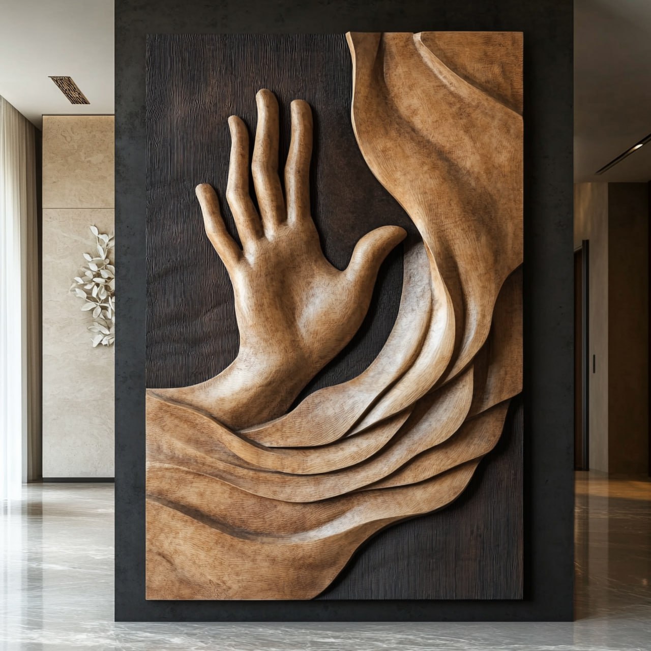 Large Solid Wood Hand Relief Wall Art Panel for Interior Decor