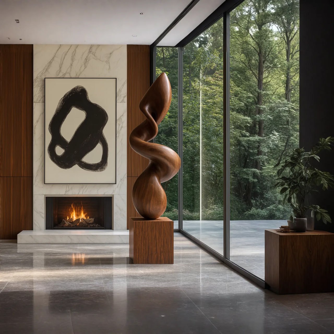 Curved Abstract Solid Wood Sculpture for Living Room Interior Display