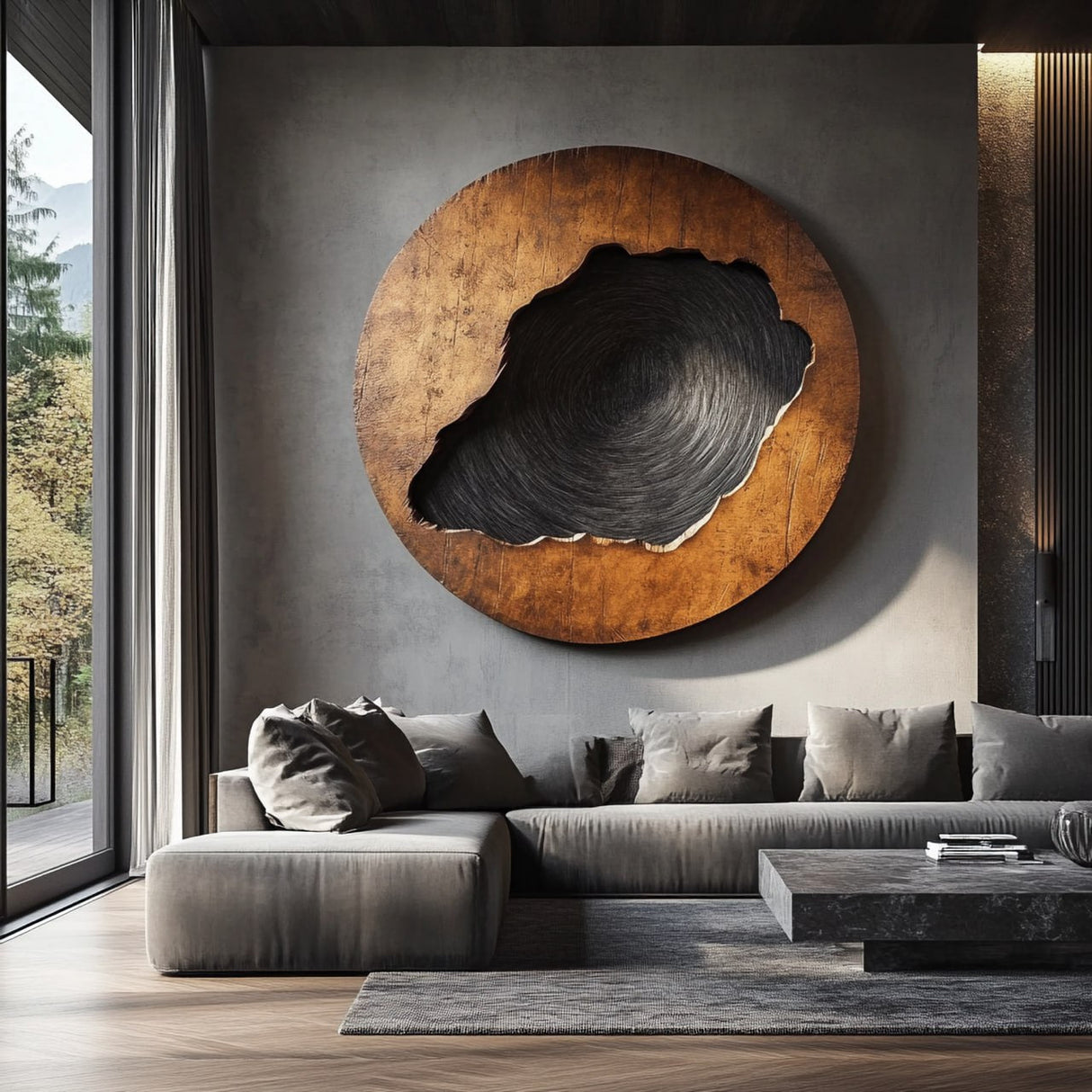 Round Textured Center Solid Wood Wall Sculpture for Living Room
