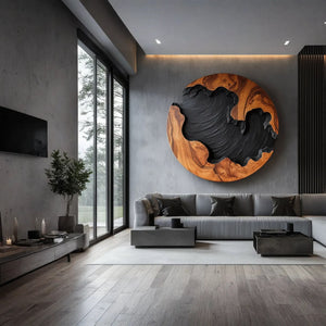 Round Solid Wood Wall Sculpture with Organic Carved Texture