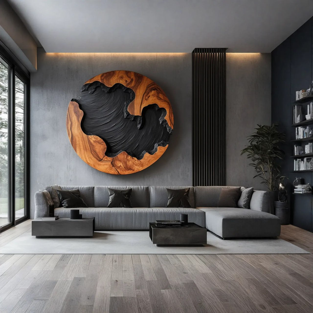 Round Solid Wood Wall Sculpture with Organic Carved Texture