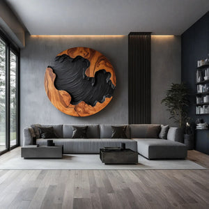 Round Solid Wood Wall Sculpture with Organic Carved Texture