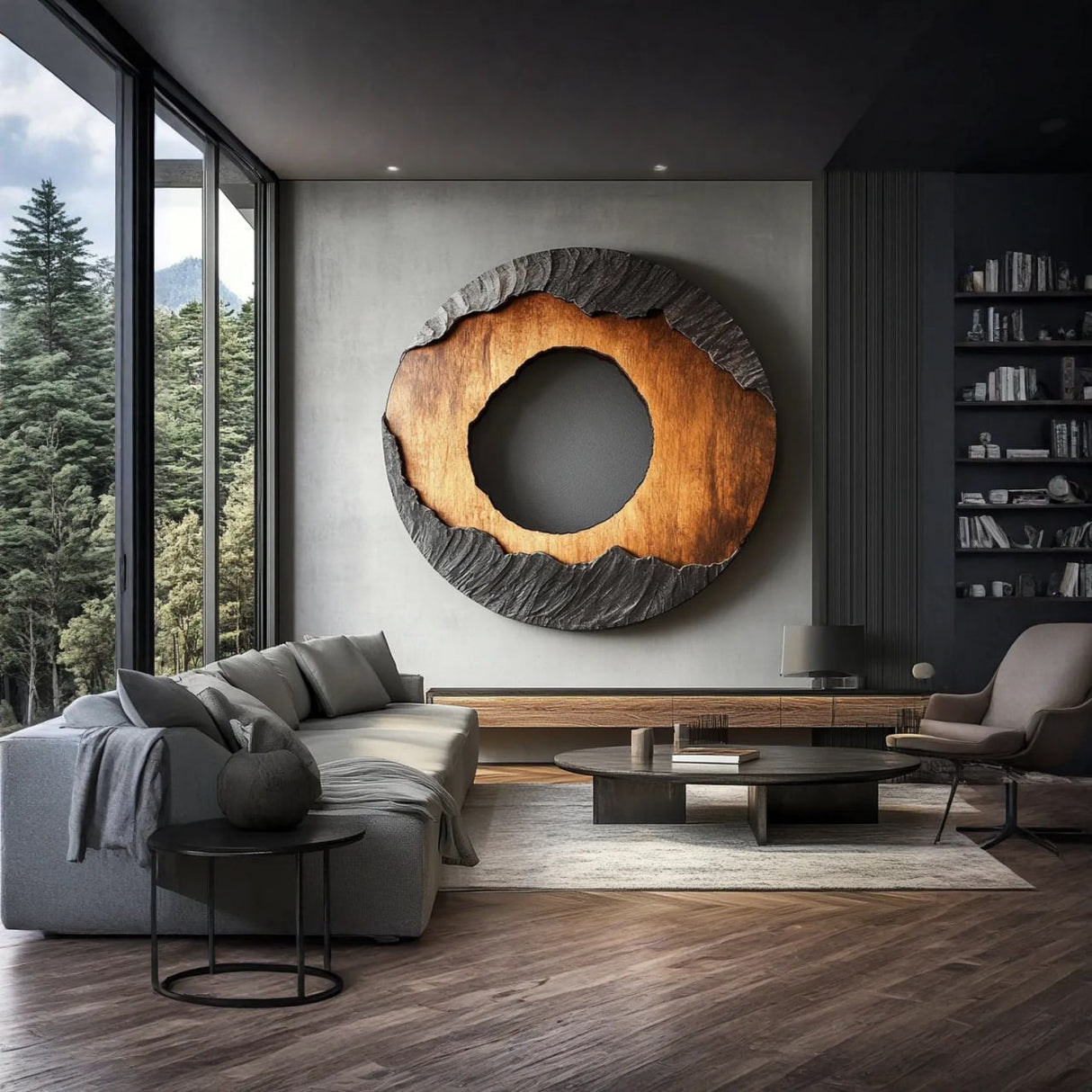 Layered-Edge Round Solid Wood Wall Sculpture for Living Room Spaces