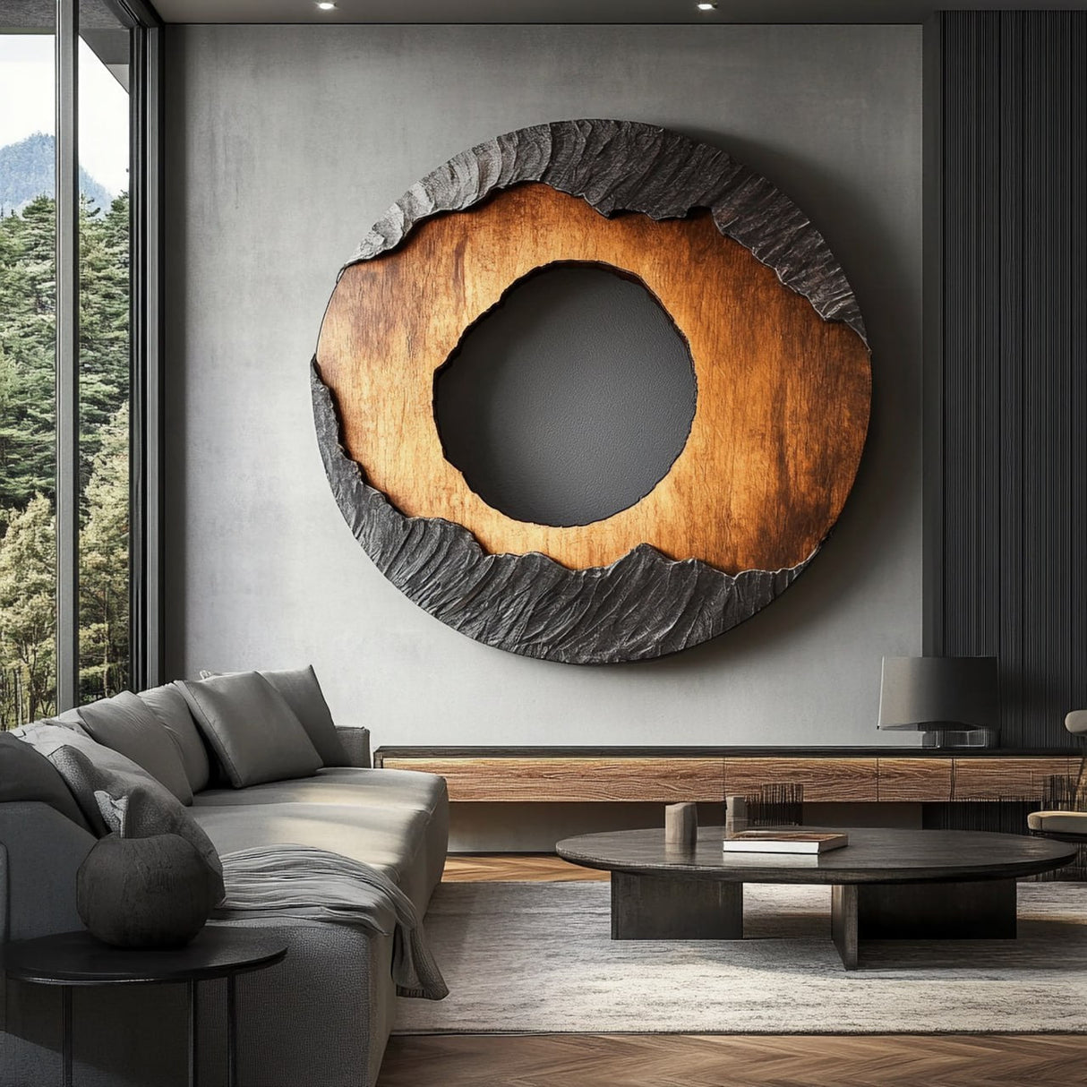 Layered-Edge Round Solid Wood Wall Sculpture for Living Room Spaces