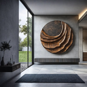 Contemporary Layered Relief Solid Wood Wall Sculpture for Interior Spaces