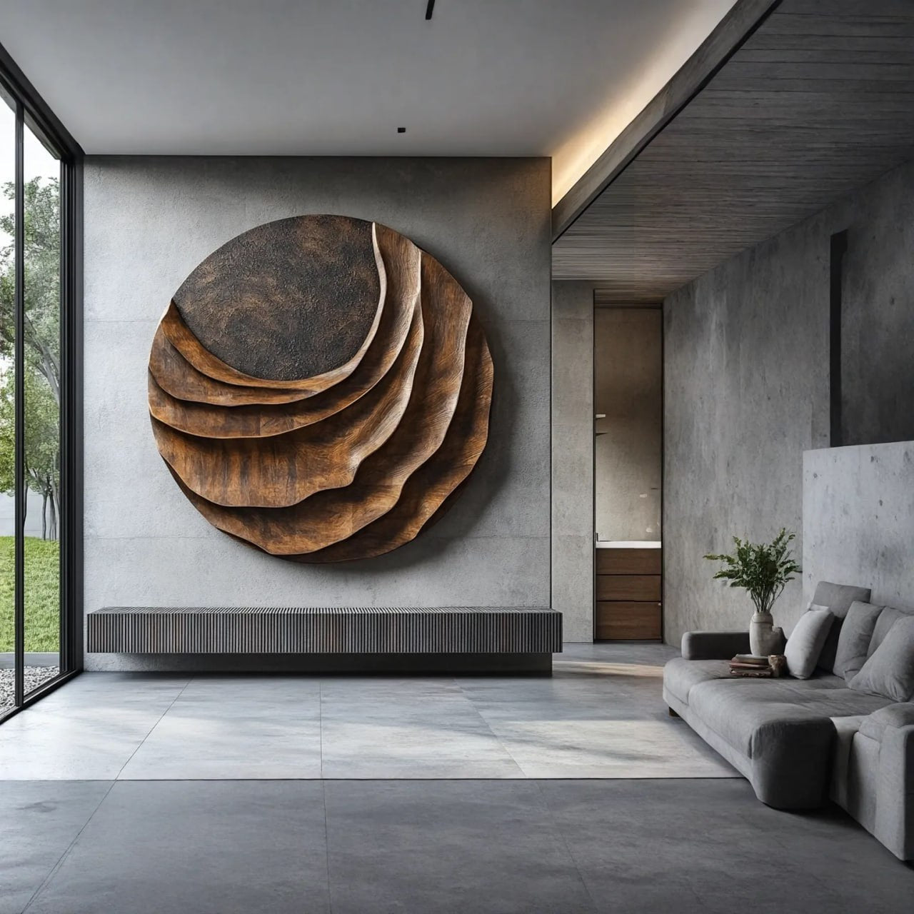 Contemporary Layered Relief Solid Wood Wall Sculpture for Interior Spaces