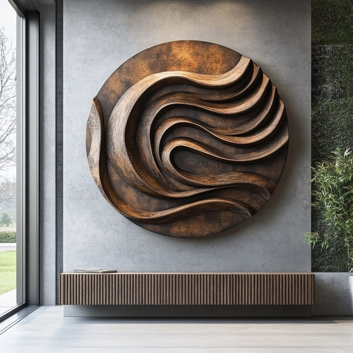 Round Solid Wood Wall Sculpture for Modern Living Room Interiors