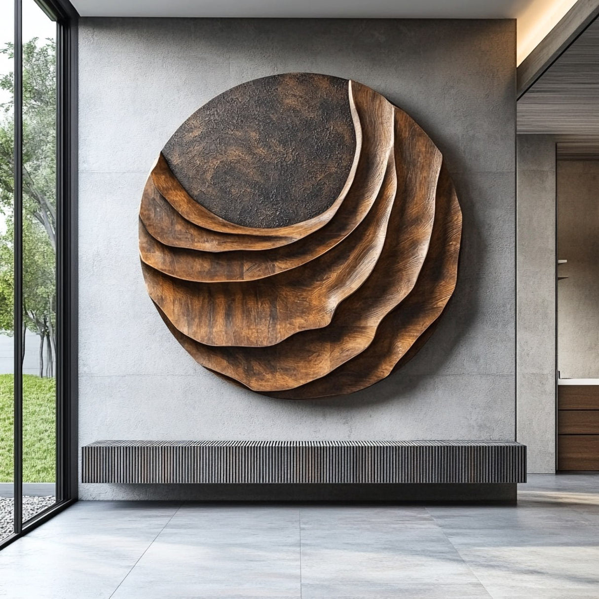 Contemporary Layered Relief Solid Wood Wall Sculpture for Interior Spaces
