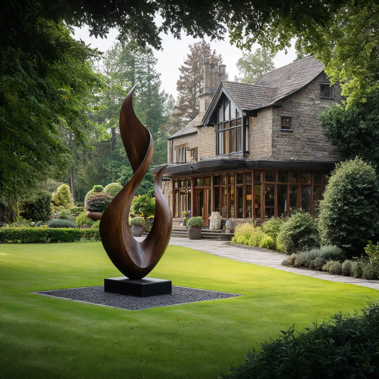 Flame Form Solid Wood Outdoor Sculpture for Garden Landscapes