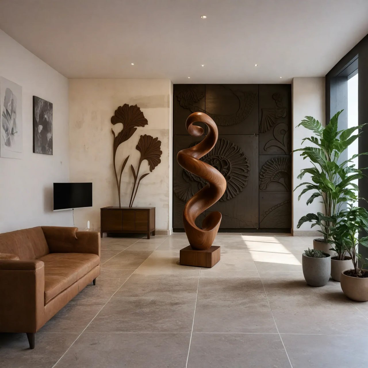Contemporary Solid Wood Flowing Sculpture for Living Room Display