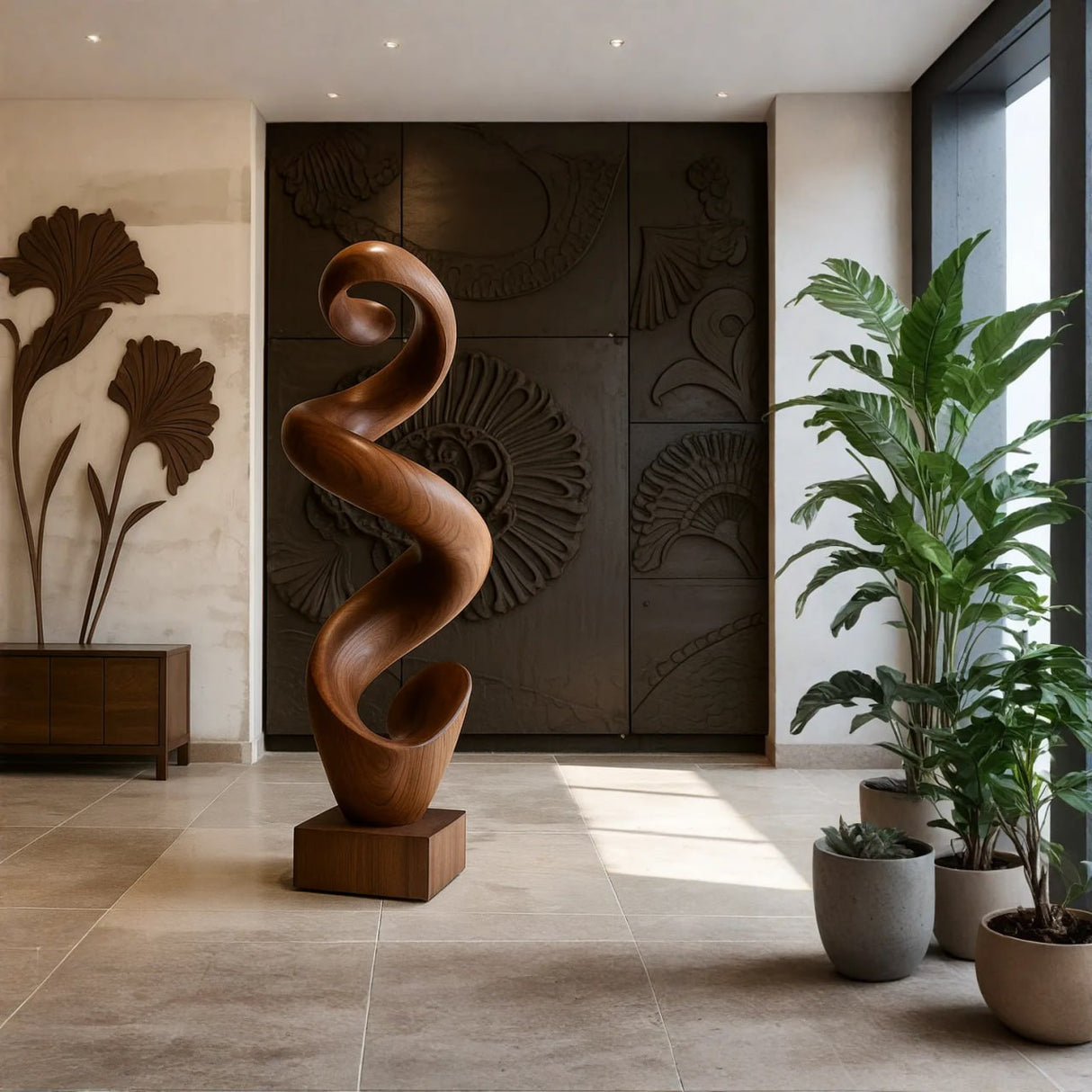 Contemporary Solid Wood Flowing Sculpture for Living Room Display