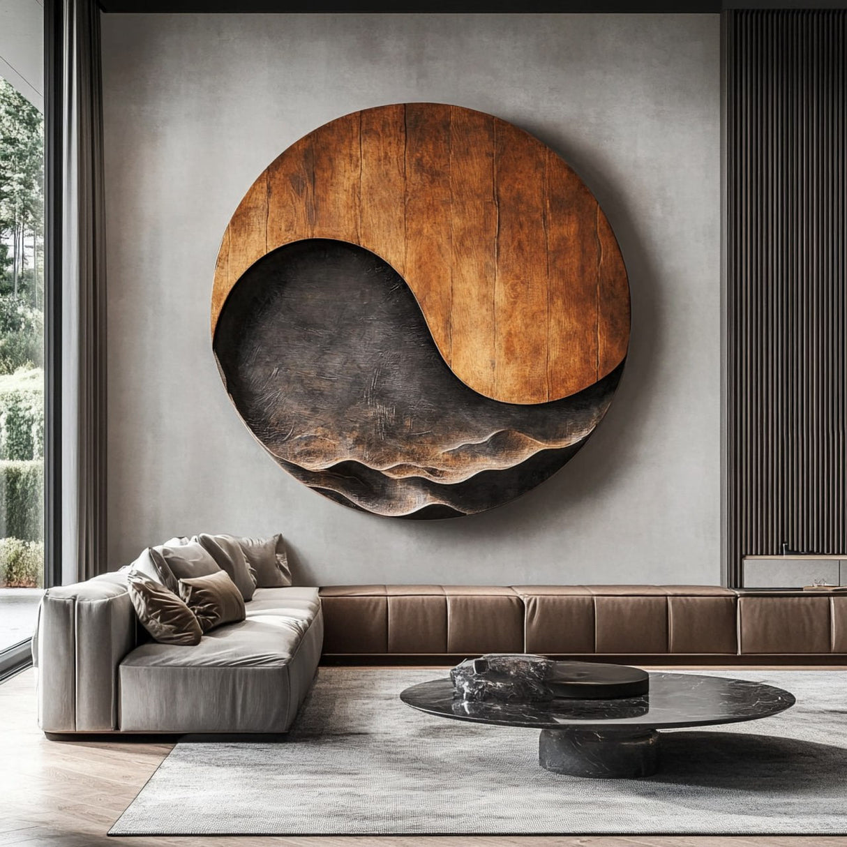 Large Abstract Solid Wood Wall Sculpture with Wave Relief for Modern Living Rooms