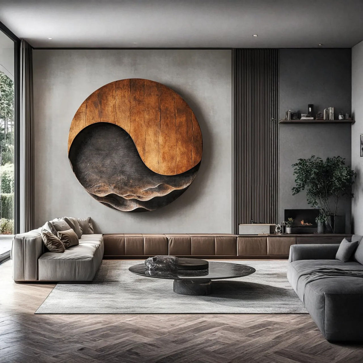 Large Abstract Solid Wood Wall Sculpture with Wave Relief for Modern Living Rooms