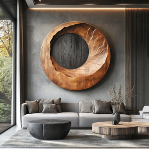 Carved Solid Wood Circular Wall Sculpture for Living Rooms