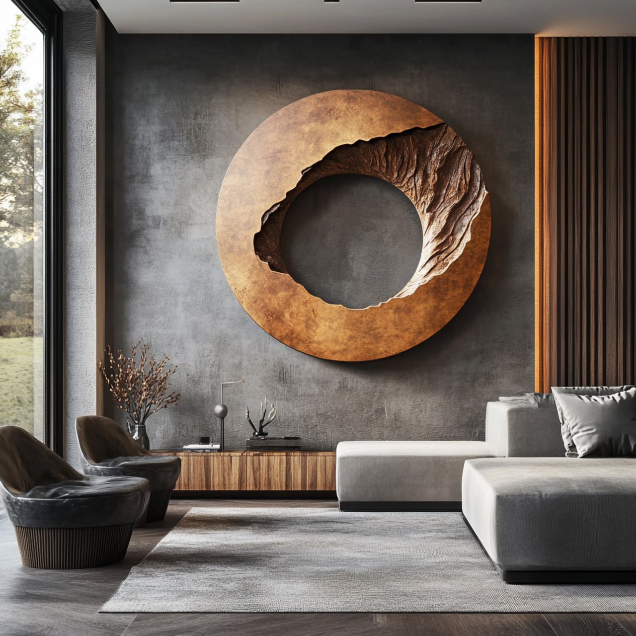 Contemporary Solid Wood Circular Wall Sculpture with Recessed Carving for Living Rooms