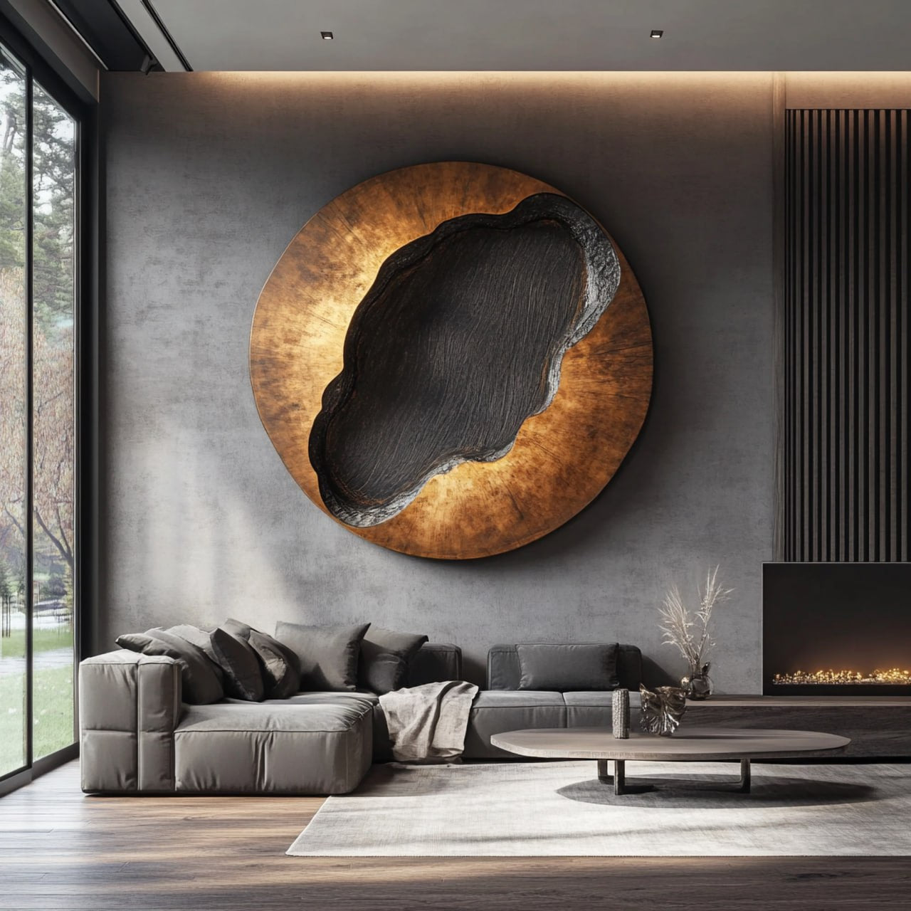 Organic Solid Wood Circular Wall Sculpture with Recessed Carving for Living Rooms
