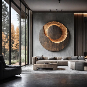 Contemporary Solid Wood Circular Wall Sculpture with Recessed Center for Living Rooms