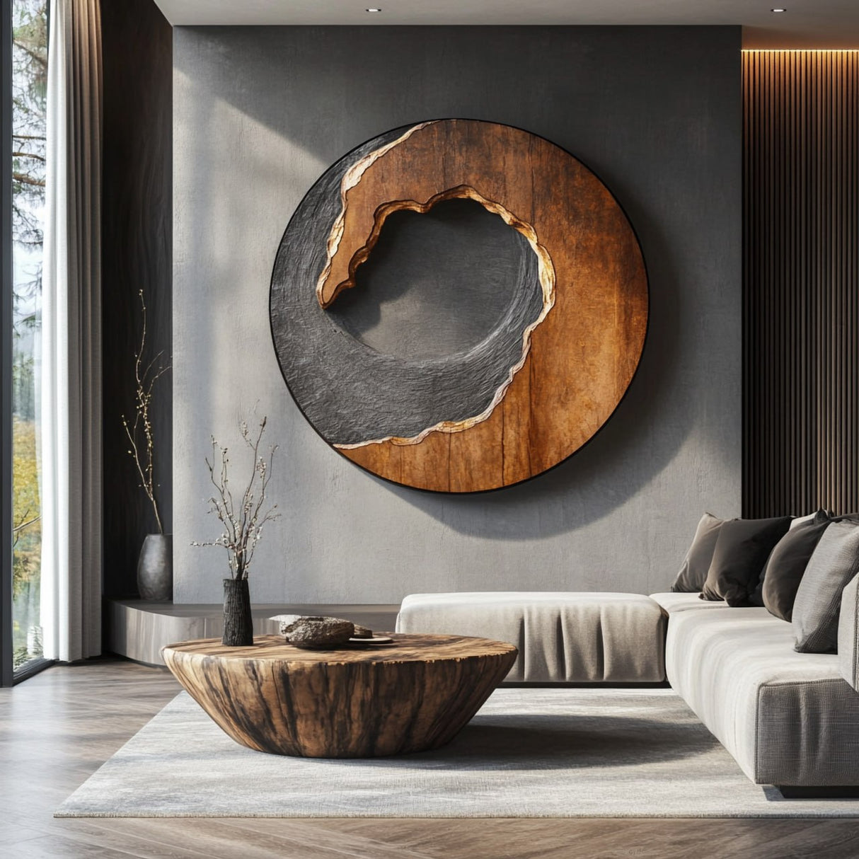 Organic Solid Wood Circular Wall Sculpture with Layered Carving for Living Rooms