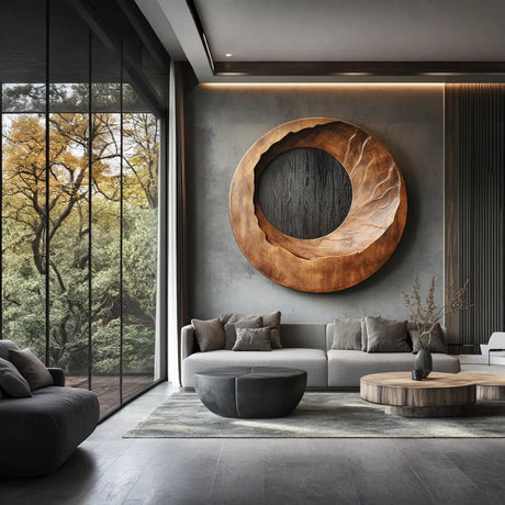 Carved Solid Wood Circular Wall Sculpture for Living Rooms