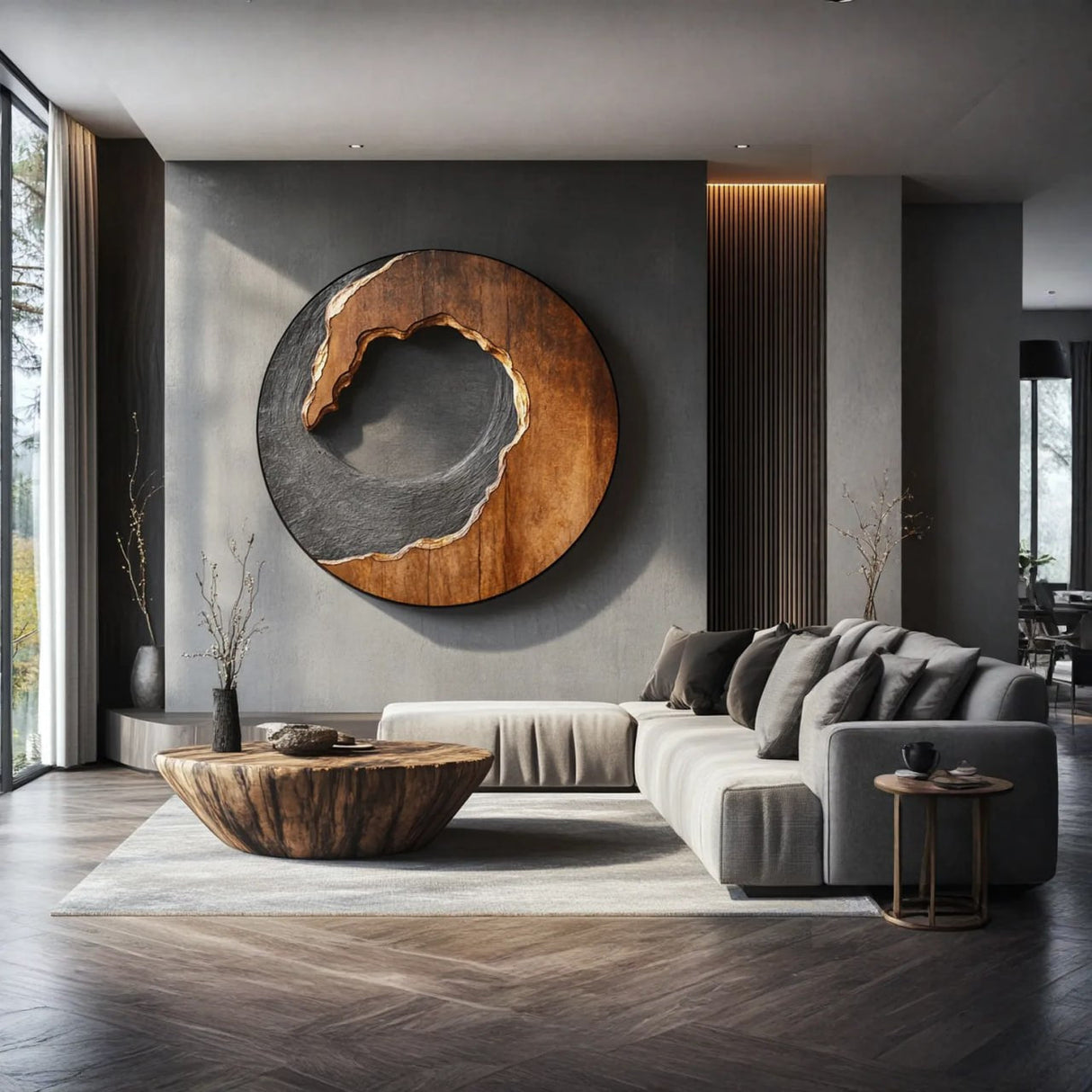 Organic Solid Wood Circular Wall Sculpture with Layered Carving for Living Rooms