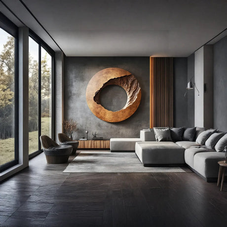 Contemporary Solid Wood Circular Wall Sculpture with Recessed Carving for Living Rooms