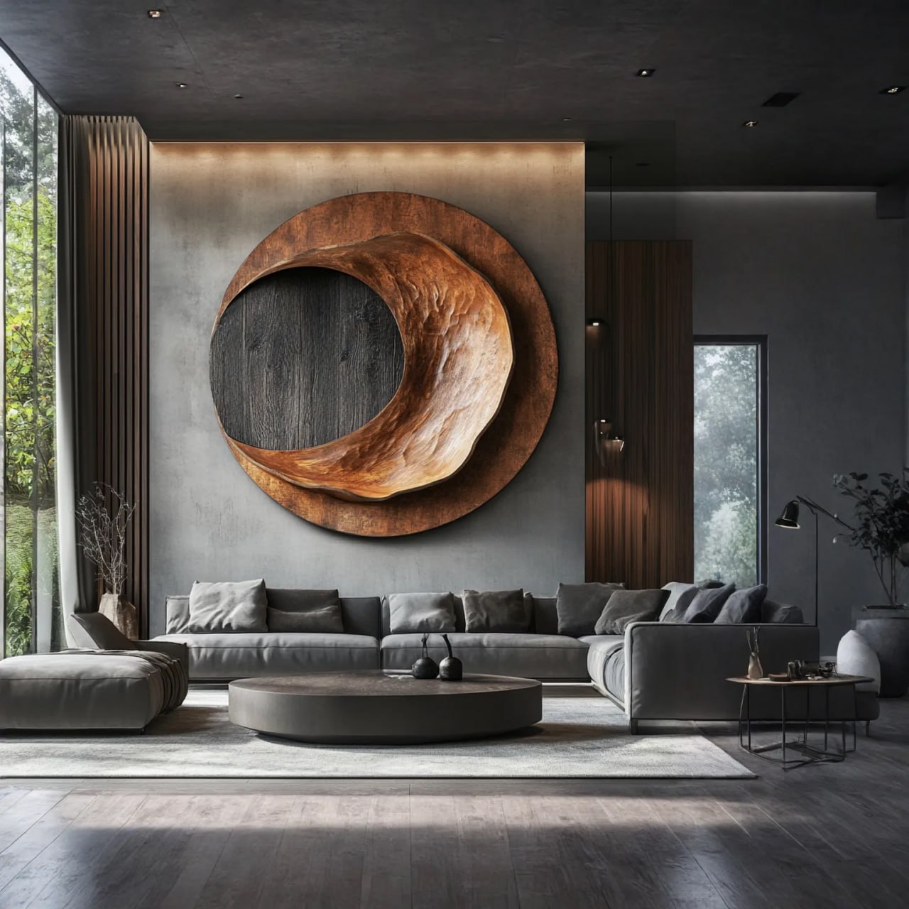 Modern Solid Wood Circular Wall Sculpture with Recessed Carving for Living Rooms