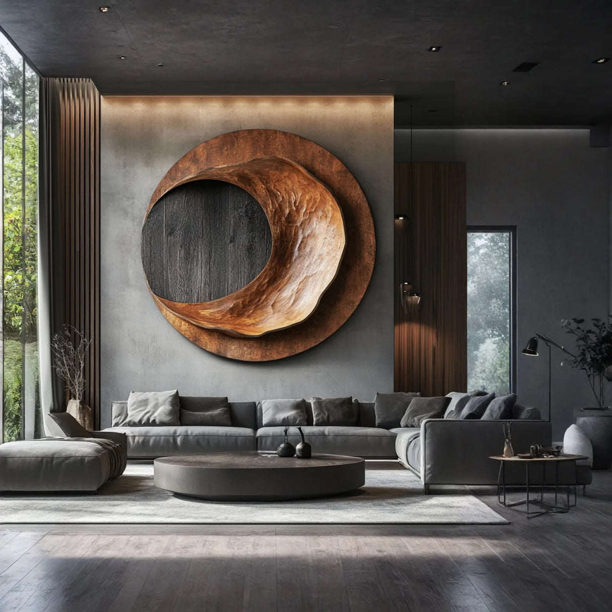 Modern Solid Wood Circular Wall Sculpture with Recessed Carving for Living Rooms